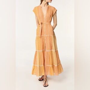 Poupette St Barth Kora Stripe Tie Waist Tiered Maxi Dress - Medium 100% Cotton